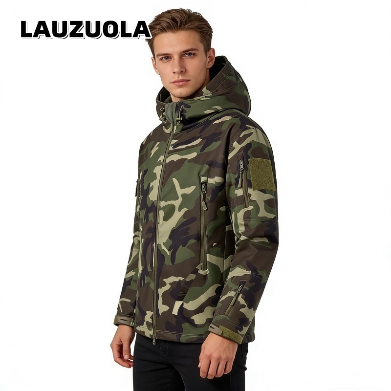 Outdoor Hunting Hoodie - メンズ迷彩防水ジャケット 2026年新作 多ポケット フード付き アウトドア ソフトシェルジャケット