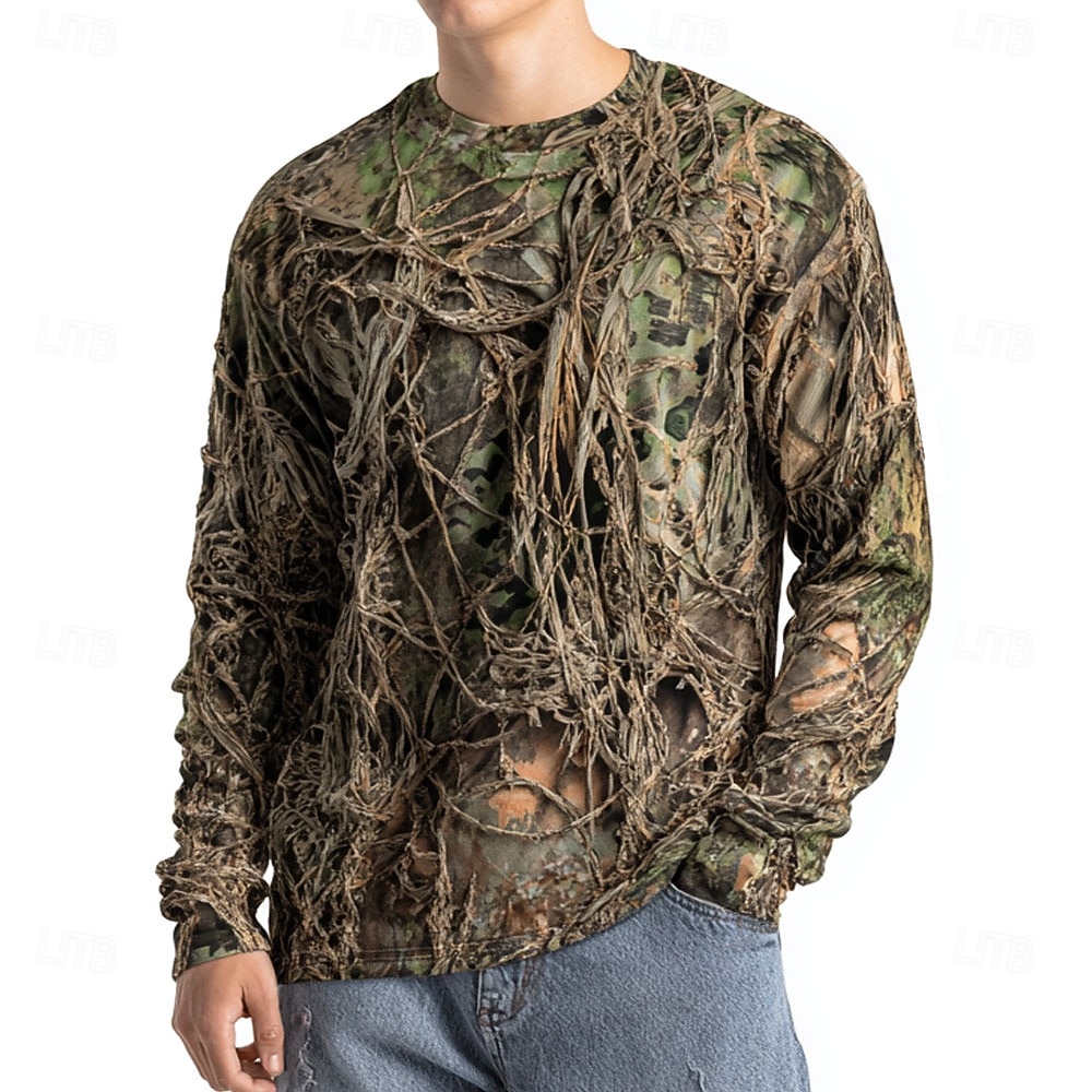 Outdoor Hunting Graphic Tees - メンズ迷彩柄アニマルプリント長袖、3Dグラフィッククルーネックシャツ、アウトドアストリートスタイル、春夏カジュアルトップス、ハンティング用
