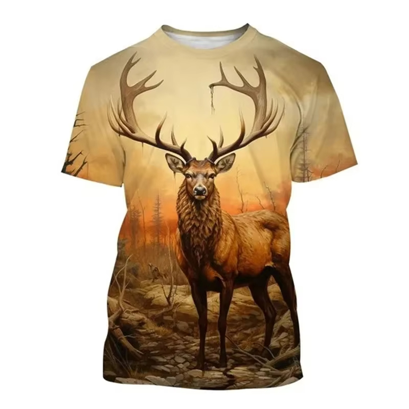 Outdoor Hunting Graphic Tees - メンズ半袖ラウンドネックTシャツ,3D鹿プリントTシャツ,面白い動物,狩猟グラフィック,個性Tシャツ,アウトドアトレンド