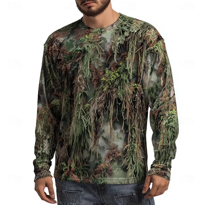 Outdoor Hunting Graphic Tees - メンズカモアニマルプリント長袖、3Dグラフィッククルーネックシャツ、アウトドアストリートスタイル、春夏カジュアルトップス、ハンティング用