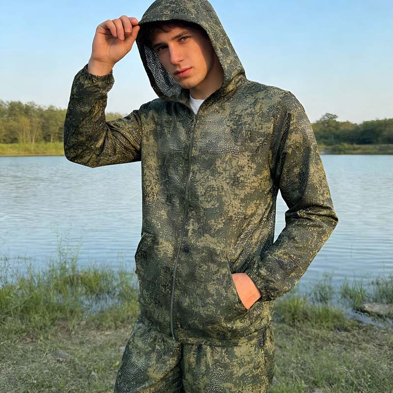 Outdoor Hunting Hoodie - タクティカルフーディスーツ カモメッシュ ハイキングハンティングウェア スタイリッシュアウトドア迷彩ジャケット ステルスセット 伸縮性ウエストバンドパンツ
