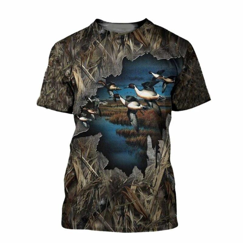 Outdoor Hunting Graphic Tees - メンズ迷彩柄ダックハンティング3DプリントTシャツ湿地野生動物グラフィック半袖アウトドアカジュアルサマーTシャツ