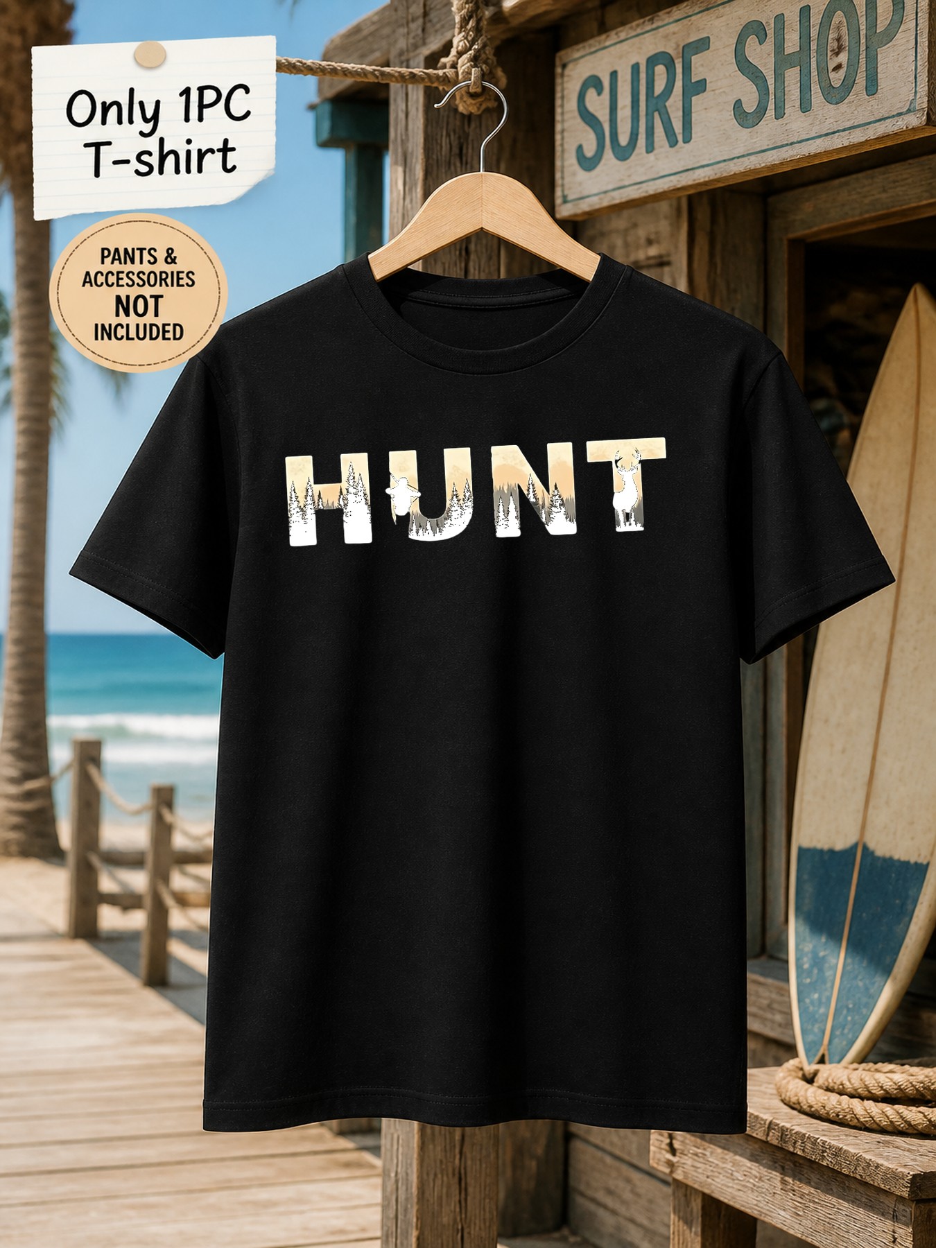 Outdoor Hunting Graphic Tees - メンズグラフィックTシャツ ハンティングテーマ 森の鹿プリント 半袖 クルーネック アウトドア
