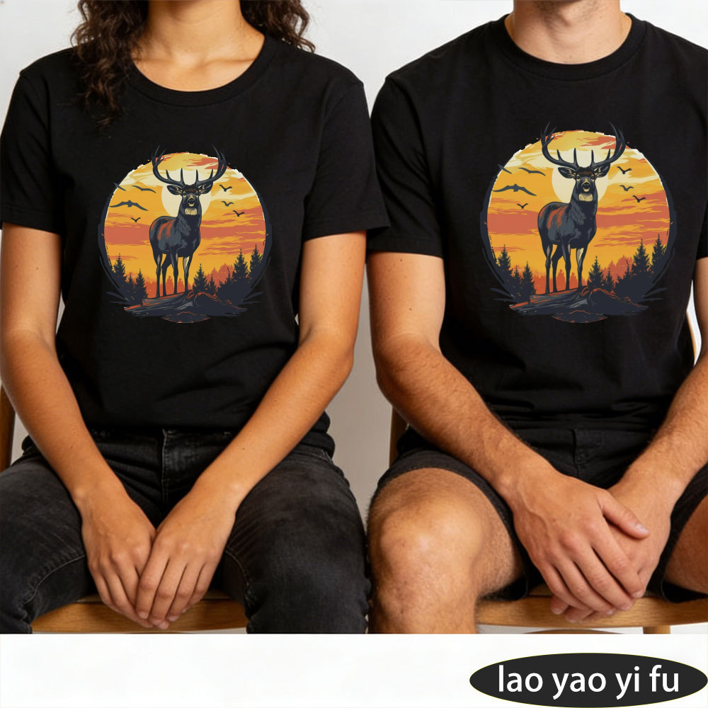 ヴィンテージ鹿の夕焼け森ワイルドグラフィックメンズサマーコッ - Outdoor Hunting Graphic Tees のレビューと価格