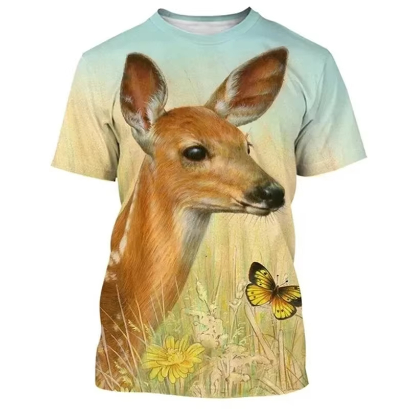 メンズ半袖ラウンドネックTシャツ,3D鹿プリントTシャツ,面 - Outdoor Hunting Graphic Tees のレビューと価格