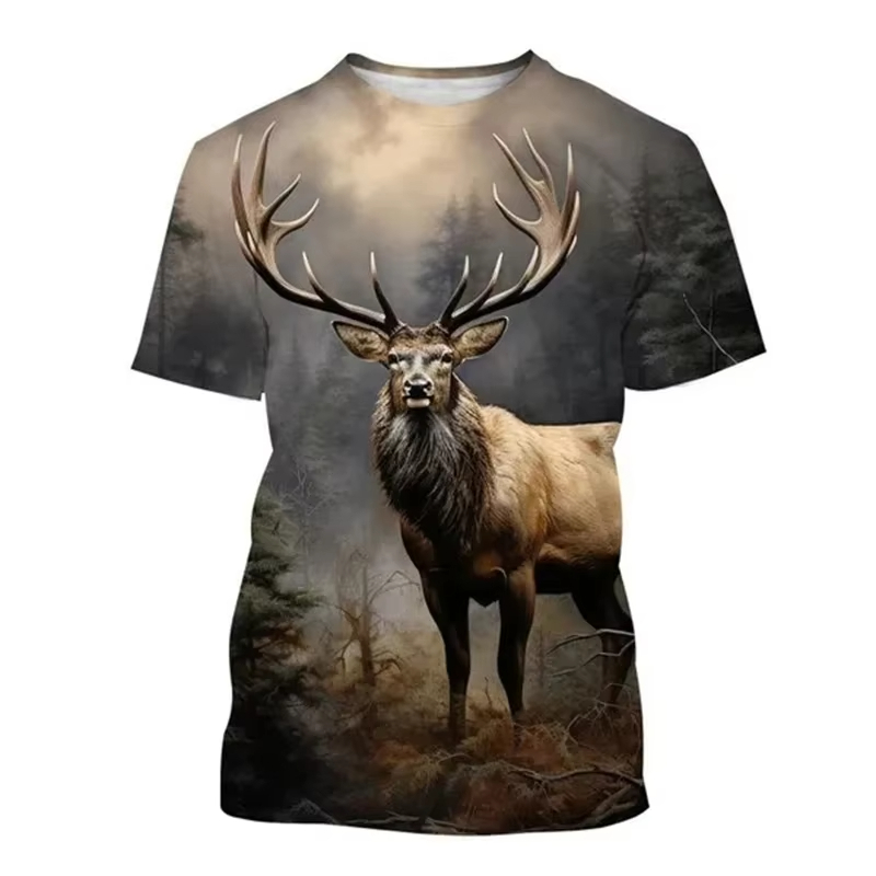 メンズ半袖ラウンドネックTシャツ,3D鹿プリントTシャツ,面 - Outdoor Hunting Graphic Tees のレビューと価格
