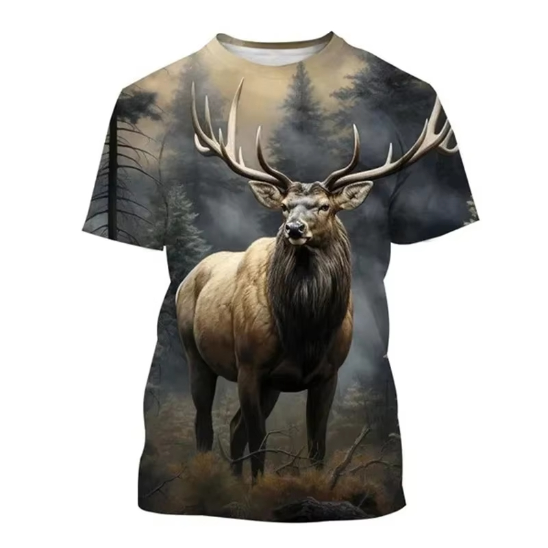 メンズ半袖ラウンドネックTシャツ,3D鹿プリントTシャツ,面 - Outdoor Hunting Graphic Tees のレビューと価格
