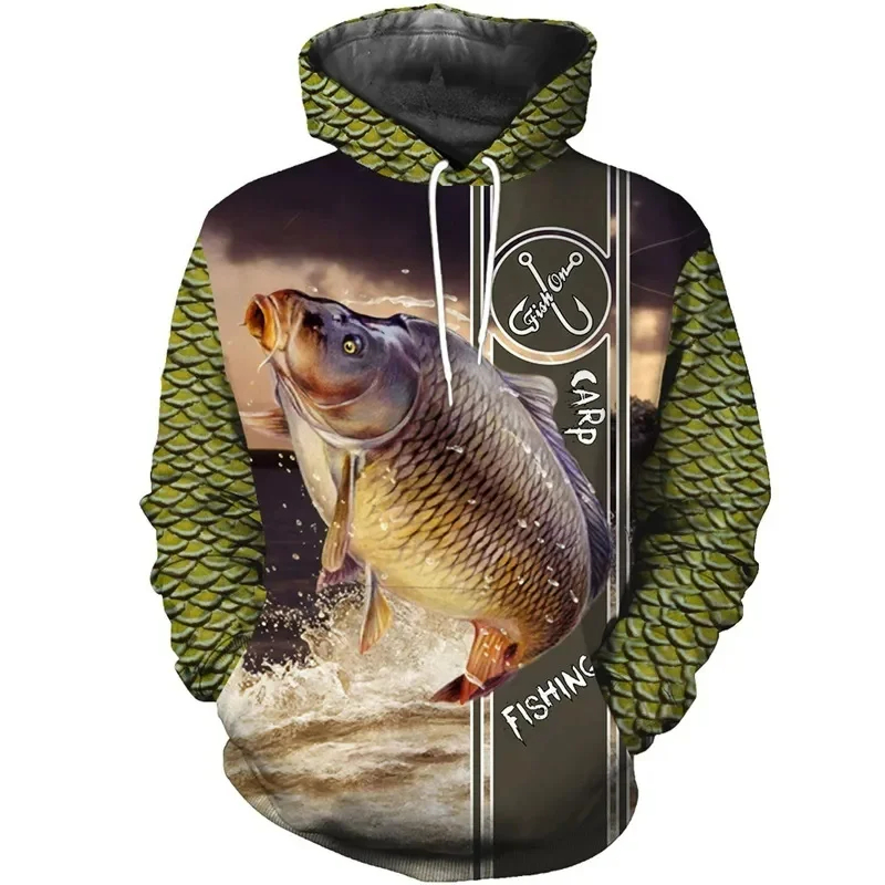新しい3Dプリント鯉柄メンズパーカー、アウトドアフィッシング - Outdoor Hunting Hoodie のレビューと価格